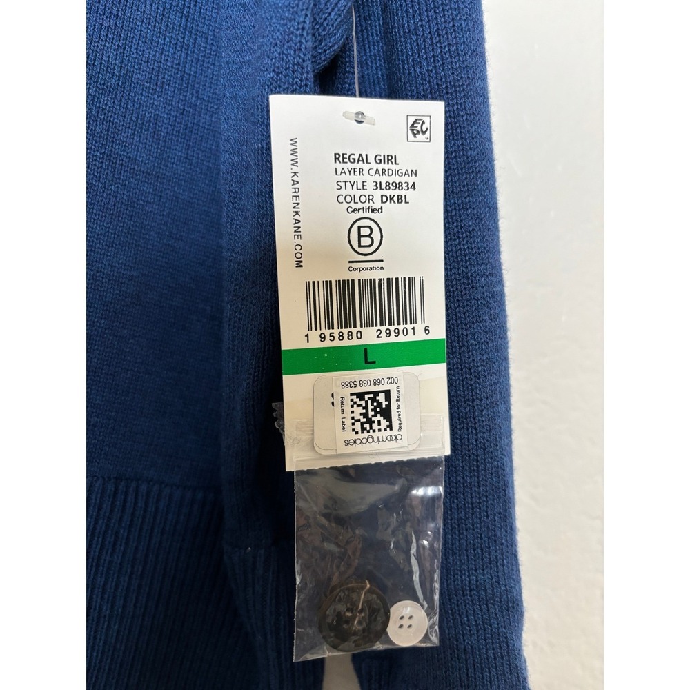 NWT Karen Kane Sweater Cardigan Cashmere Blend Blue w/ White Shirt Hem SizeLarge - Picture 4 of 7